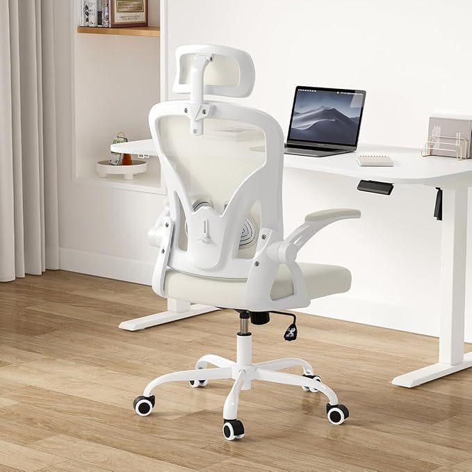 Ergonomic Office Chair with Adjustable Headrest and Flip-Up Armrests - High Back Mesh Computer Desk Chair with Lumbar Support for Home Office Gaming and Study 300 lbs Capacity (White Model E)