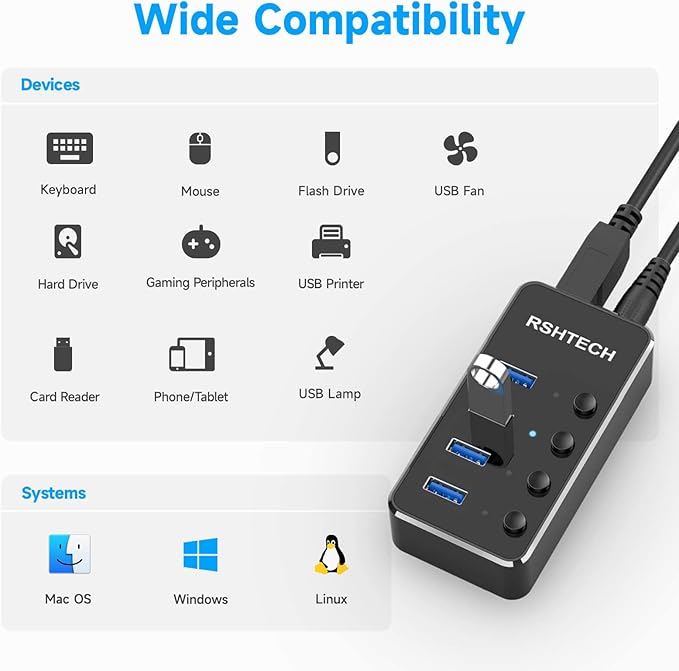 RSHTECH 4 Port Powered USB 3.0/USB C Hub Upgraded Version with 2-in-1 3.3ft USB Cable5V Power Adapter and Individual Switches Portable Aluminum USB Splitter for Laptop and PC RSH-ST04 (Pack of 2)