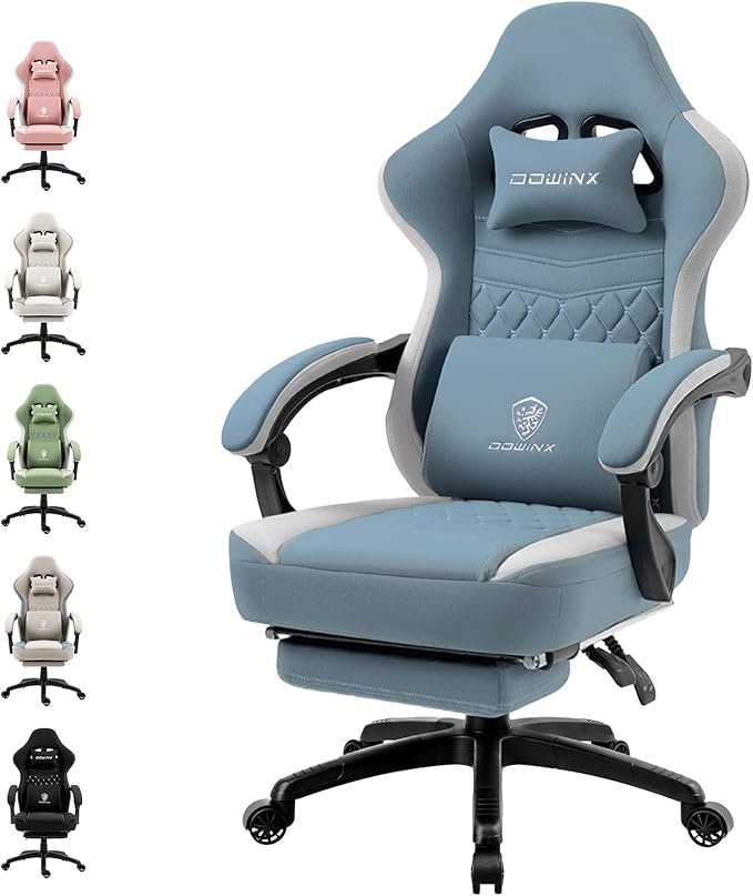 Dowinx Gaming Chair Breathable Fabric Game Chair with Gel Pad and Storage Bag Comfortable Gamer Chair with Pocket Spring CushionErgonomic Computer Chair with FootrestBlue