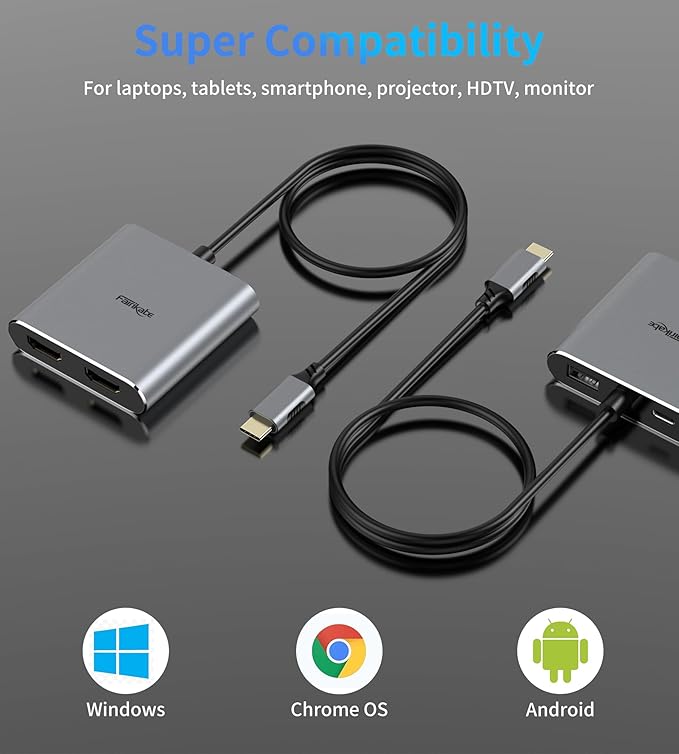 USB C to HDMI Adapter Dual 4K@60Hz 4 in 1 USB C to HDMI Converter with 100W PD Charging USB 3.0 USB C to HDMI Splitter Extended Display Compatible Thunderbolt 3/4