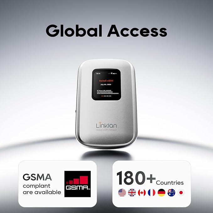 eSIM Global WiFi Hotspot 16-Device 4G LTE for 180+ Countries No SIM/Contract Compact Travel Router Compact Wireless Router for International Travel &amp Business【Free 5GB US Data for 15 Days】
