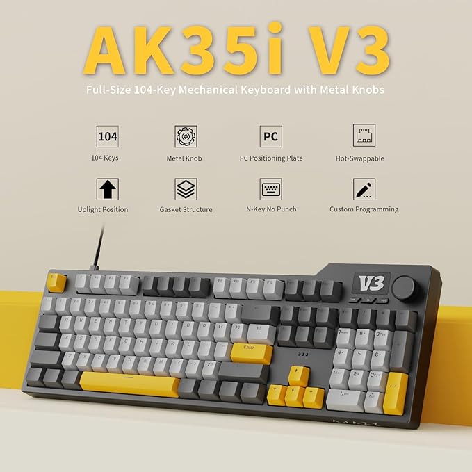 AJAZZ AK35I V3 104-Key Full Size Wired Gasket Mount Gaming Keyboard with Multimedia Buttons &amp Knob Control | Five Layer Pad | OEM Profile PBT Keycaps | Blue Backlit Custom Keyboard