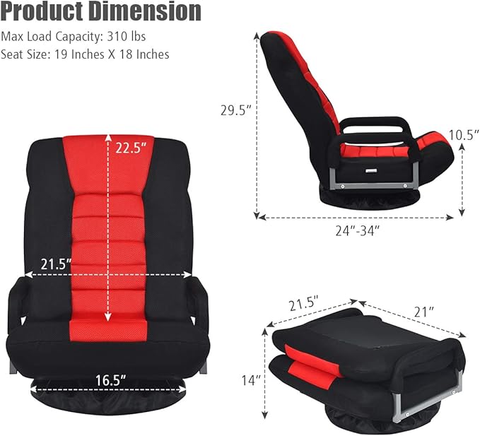 GOFLAME Swivel Gaming Floor Chair 360 Degree Folding Chair with Adjustable 6-Position Backrest and Armrest Lazy Sofa Lounger for TV Reading Playing Video Games (Black/Red)