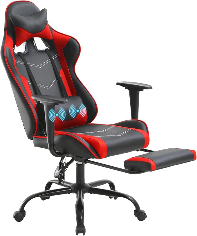 PayLessHere Racing Gaming Chair Office Massage Chair Ergonomic Recliner with Computer Desk PU Leather Lumbar Support Footrest Rolling Swivel and Task Function Ultimate Comfort for Adults (Red)
