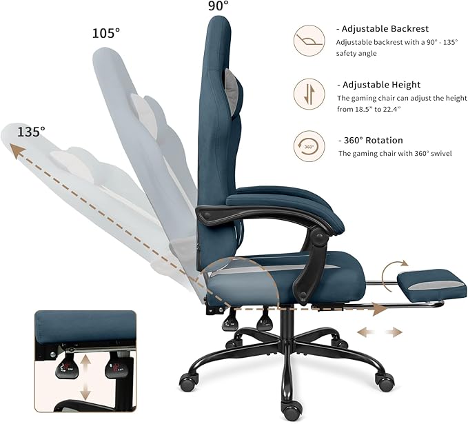 Breathable Fabric Gaming Chair with Footrest Height Adjustable Game Chair Video Gaming Chair for Gaming Room Living Room and Office - Blue/Light Grey