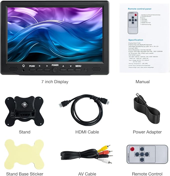 7 inch Small Monitor TFT LCD Display 1024X600 HDMI Mini Portable Screen for PC/TV/Camera/Gaming/Raspberry Pi