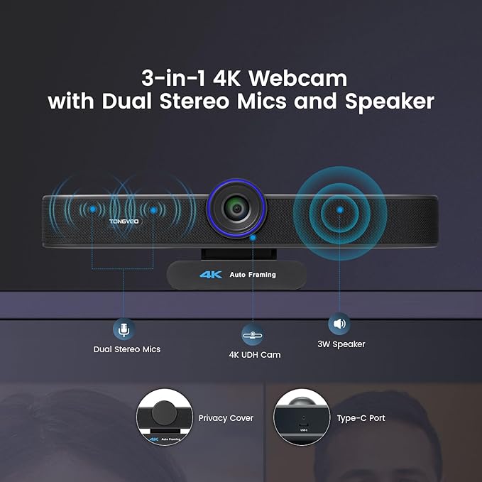 TONGVEO 3-in-1 4K Webcam with Microphones and Speaker AI Auto-Tracking 5X Digital Zoom Webcam 4K Adjustable Field of View Remote Control Works with Microsoft Teams Zoom Google Meet PC Mac Laptop