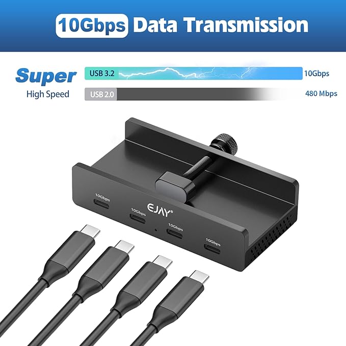 10Gbps USB C Hub - EJAY 4Ports Aluminum USB 3.2 Docking Hub Clamp Design for Desk/Computor with Extra Power Supply Port and 47inches Long Data Cable&amp39inches Power Cable(Black)