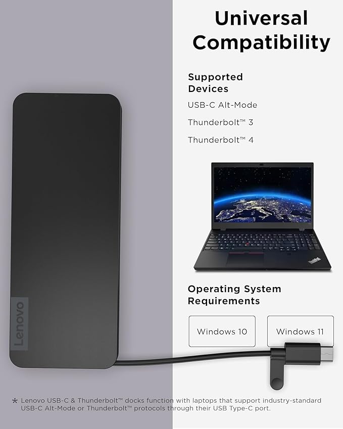 Lenovo USB-C Slim Travel Dock 8 Ports Up to 65W PD Pass Through Integrated USB-C Cable 4K Display Support Black