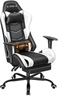 Massage Gaming Chair w/Footrest Video Racing Chair PC High Back Desk Computer Chair PU Leather Recliner w/Headrest and Lumbar Pillow White