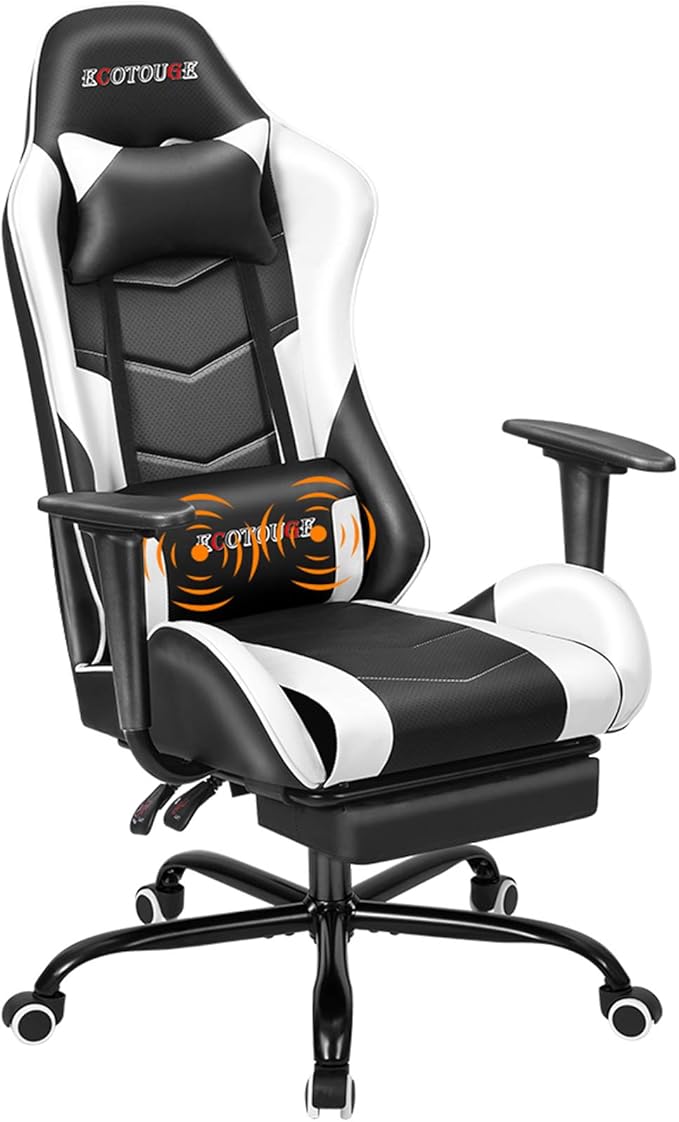 Massage Gaming Chair w/Footrest Video Racing Chair PC High Back Desk Computer Chair PU Leather Recliner w/Headrest and Lumbar Pillow White