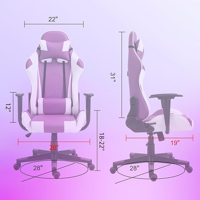 DIKEP Game Chair High-Back Recliner Chair with Headrest and Lumbar Support PU Leather Ergonomic Racing Gaming Chair with Height Adjustable and Headrest 360° Swivel Seat for Adults - Purple &amp Whi