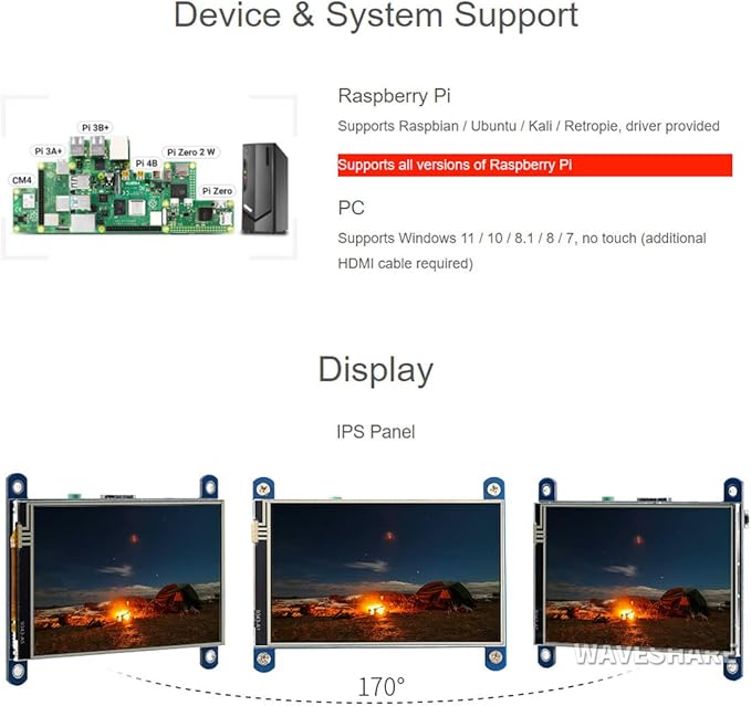 waveshare 4inch Resistive Touch Screen LCD Compatible with Raspberry Pi 4B/3B+/3A+/2B/B+/A+/Zero/Zero W/WH/Zero 2W CM3+/4 480×800 Resolution HDMI IPS Supports Windows