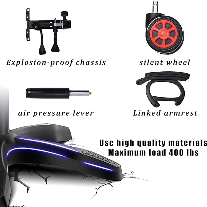 Video Gaming Chair with FootrestGame Chair with Bluetooth SpeakersComputer Chair with LED LightsErgonomic Massage Gaming Chair with Massage Function360°Swivel 90°-135° Adjustment Backrest (Black)