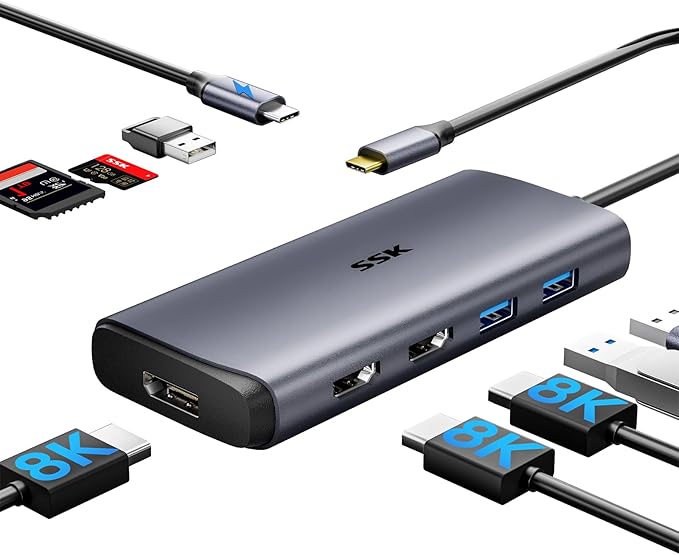 SSK USB C Docking Station 3 Monitors 9 in 1 Single 8K/Dual 4K60Hz USB C Hub DisplayPort Dock with 2 HDMI Ports Displayport100W PD 3 USBSD/TF Laptop Docking Station for MacBook Pro HP Lenovo