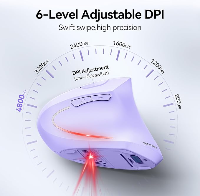 TECKNET Ergonomic Mouse Wireless Bluetooth Vertical Mouse 4800 DPI Optical Tracking 6 Adjustable DPI Quiet Clicks 2.4GHz with USB A Receiver 12 Months Battery 6 Buttons Wide Compatibility