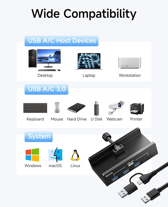USB Hub 3.0 5Gbps Clamp USB Hub for Desk/Monitors with Extra Power Supply Port 3 USB-A Data Ports USB-C Data Port for iMac Pro/iMac (Black)
