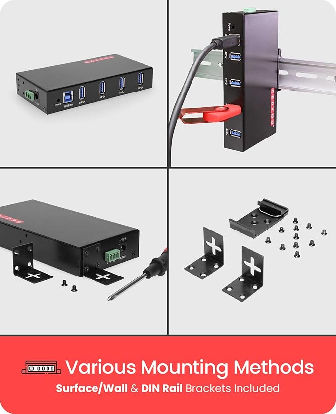 Gearmo USB 3.0 4-Port Hub Industrial DIN Rail &amp Surface Mount 5Gbps Speeds Surge Protection