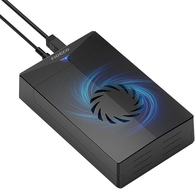 FIDECO Hard Drive Enclosure for 3.5 or 2.5 inch SATA HDD SSD SATA to USB Adapter with Cooling Fan External HDD Enclosure with 12V Power Adapter Support UASP Tool-Free Plug and Play