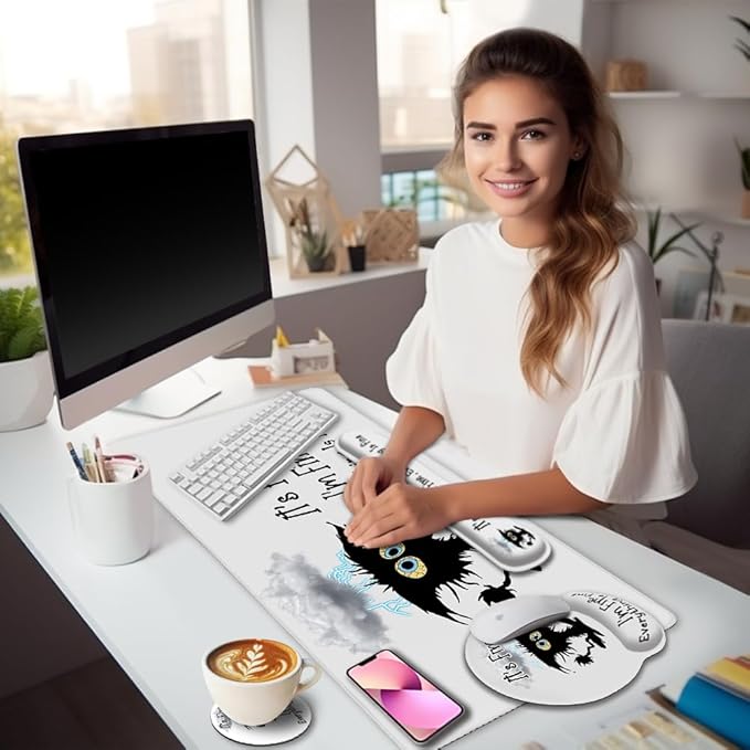 Desk Mat Set Large Gaming Mouse Pad with Wrist Rest Ergonomic Mouse Pad Keyboard Mat Wrist Support Cup Coaster Home Office Desk Accessories Decor Supplies Funny Black Cat