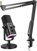FIFINE Dynamic Gaming Mic and Microphone Arm Stand Kit PC Computer Streaming Mic with RGB Light Mute Button Suspension Scissor Boom Stand Bundle for Recording Podcast Voice-Over (AM8+CS1)