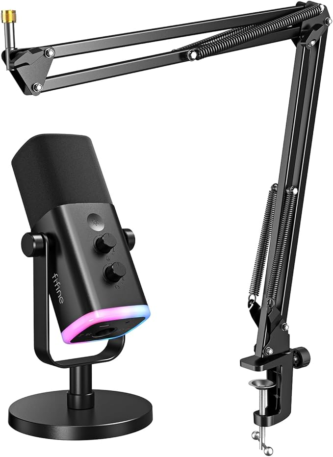 FIFINE Dynamic Gaming Mic and Microphone Arm Stand Kit PC Computer Streaming Mic with RGB Light Mute Button Suspension Scissor Boom Stand Bundle for Recording Podcast Voice-Over (AM8+CS1)