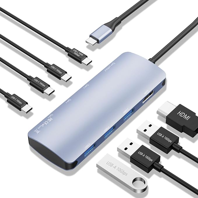 USB C to USB Hub 8-in-1 with 4K@60Hz HDMI 3 USB-C 3.2 Gen2 10Gbps 3 USB A 3.2 10Gbps Ports100W Power Delivery with 10Gbps Data USB-C Hub Multiport Adapter for MacBook Pro and More Type C Devices