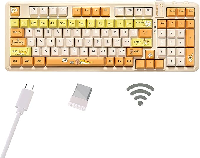 AUSDOM 98Pro Wireless Mechanical Keyboard Tri-Mode Bluetooth/2.4GHz/USB-C Gasket Hot Swappable Custom Gaming Keyboard with Backlit PBT Keycaps Linear Switches for Windows/Mac/PC (Yellow Cat Theme)