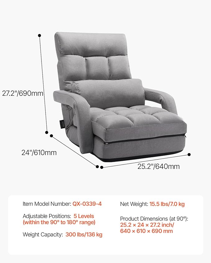 VEVOR Floor Chair Floor Gaming Chair with 5 Adjustable Position and Back Support Folding Sofa Chair with Armrest for Adults Sofa Lounger Bed with Back Cushion for Living Room and Bedroom Gray