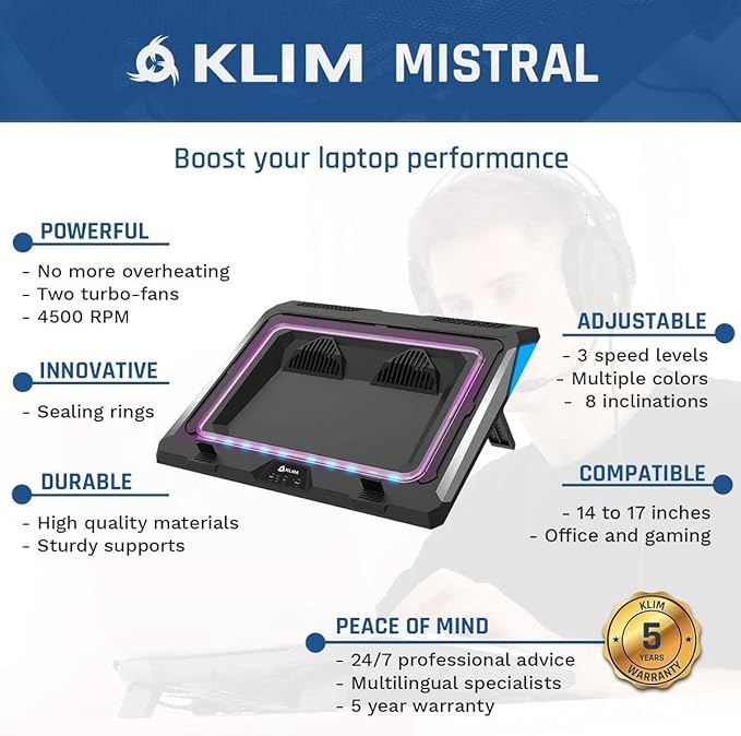 KLIM Mistral Laptop Cooling Pad - New - Powerful Turbo-Laptop Fans (4500 RPM) - Rubber Seal and Dust Filters for Maximum Performance - Gaming Laptop Cooler to Avoid Overheating - 15.6-17.3 inch
