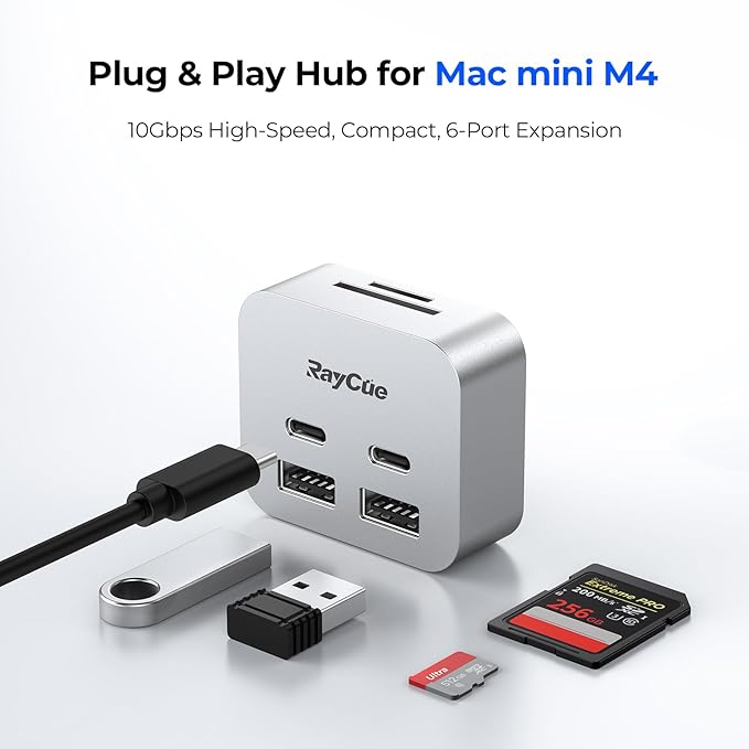 RayCue MiniPack Expansion Dock for Mac mini M4 | 6-Port USB-C Hub with Dual 10Gbps Adapters 2 * 10G USB-C/ 2 * 10G USB-A/SD TF 3.0 Card Reader | High-Speed Data Transfer &amp Multi-Device Connectivi