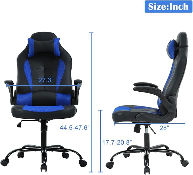 Gaming Chair Office Chair Computer Chair with Lumbar Support&amp Headrest Adjustable Ergonomic Swivel Task Executive Desk Chair High-Back Racing Style Leather Gaming Chair for Adults Blue