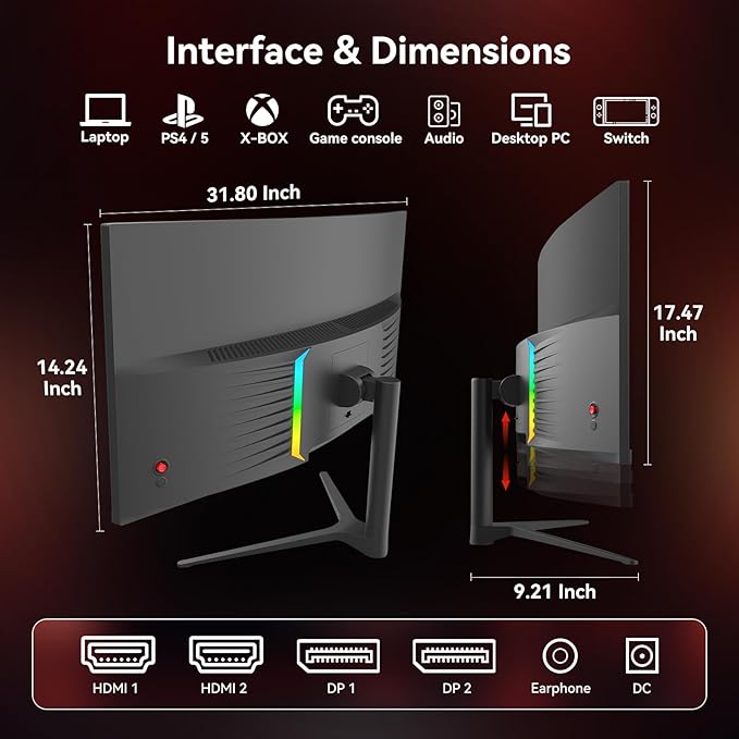 34 Inch Curved Gaming Computer Monitor with 180Hz Refresh Rate WQHD 3440x1440 127% sRGB FreeSync1500R Curvature &amp 178° Viewing Angle Height Adjustable Base for Gaming Business