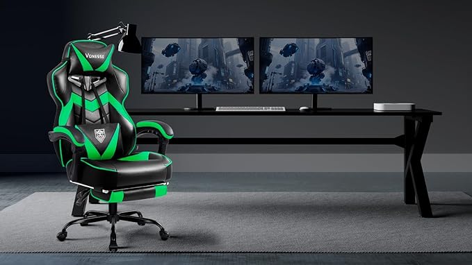Vonesse Gaming Chair High Back Gaming Chair with Footrest and Massage Gaming Chairs for Adults with Pocket Spring Cushion Big and Tall Reclining Computer Chair with Lumbar Support (Green/Black)