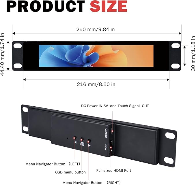 GeeekPi 6.91 inch 1424x280 LCD Touch Screen 1U Rack Mount Monitor for DeskPi RackMate T0/T1/T2/T0 Plus/T1 Plus/TL1 Server Cabinet and 10 inch Server Rack
