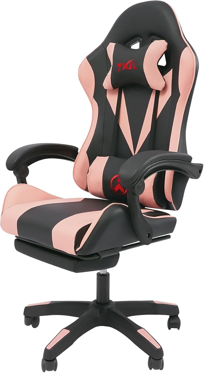 Gaming Chair with Footrest Computer Chair with and Lumbar Support Height Adjustable Game Chair for Office or Gaming (Pink)