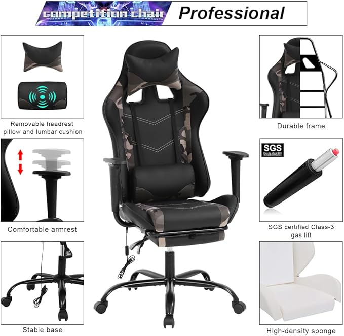 Computer Swivel Gaming Chair Video Game Chair PU Leather Executive Chair High Back Gaming Office Chair with Lumbar Support Adjustable Armrest Headrest Footrest for BoysGirlsCamo