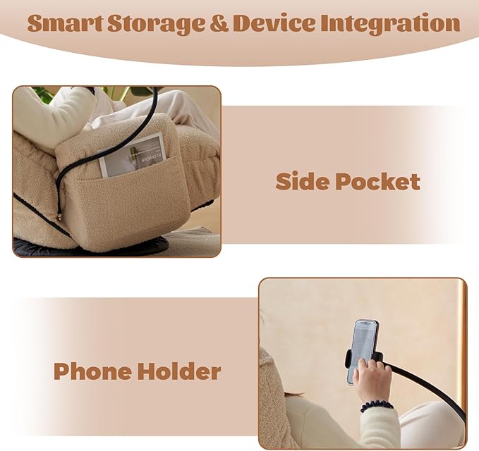 Teddy 360° Swivel Floor Gaming Sofa Chair - Beige | Adjustable Head &amp Waist Support Padded Cushion Folding Gaming Lounge Chair with Armrests &amp Phone Holder | Home Office