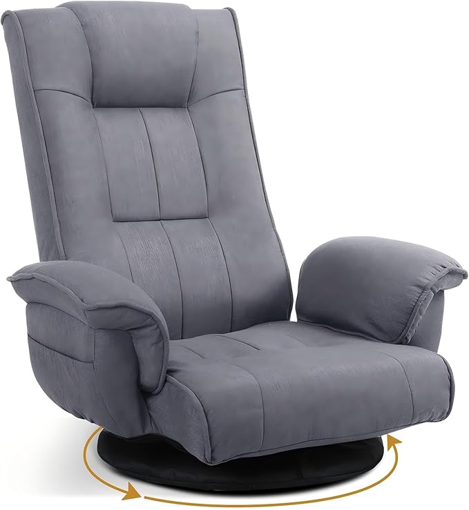 Ergonomic Swivel Floor Gaming Chair with Armrests &amp Side Pockets 6-Position Reclining Sofa Bed Foldable Padded Lounger with Thick Cushion &amp Lumbar Support for Esports Reading TV Watching (