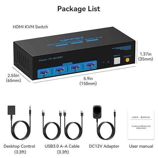 8K HDMI KVM Switch 2 Monitors 2 Computers Dual Monitor Support 8K@60Hz 4K@120Hz KVM Switcher PC Extended Display for 2 Port Share 4 USB 3.0 HUB Desktop Controller and 2 USB Cables Included