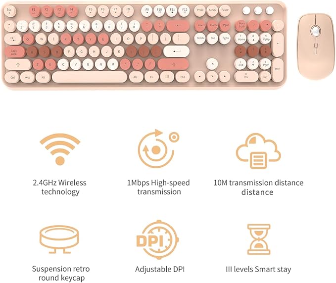 FOPETT Wireless Keyboard and Mouse Combo - 2.4G Full-Sized Cute Colorful Mouse and Keyboard with 104 Round Keys Retro Typewriter Keyboard for Laptop/Windows/PC - Brown Colorful