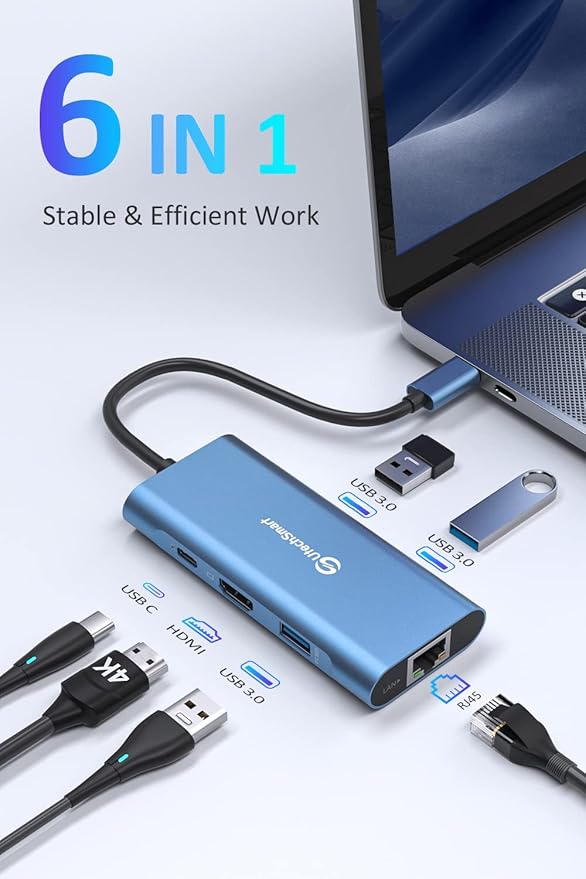 UtechSmart USB C Hub Ethernet Multiport Adapter 6 in 1 USB C to HDMI Dock Compatible for MacBook Pro/Air Chromebook Dell XPS HP and Type C Devices (Gigabit Ethernet 100W PD 4K HDMI USB 3.0) Blue