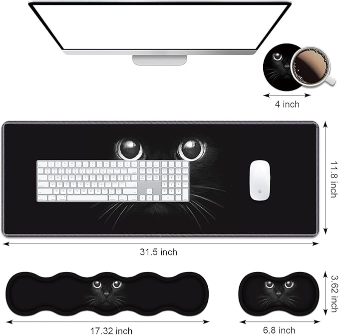 Ergonomic Keyboard Wrist Rest &amp Mouse Pad Wrist Rest Set Large XXL Gaming Desk Mat 31.5x 11.8 with Memory Foam Easy Typing Pain Relief for Office &amp Home Cute Black Cat Face