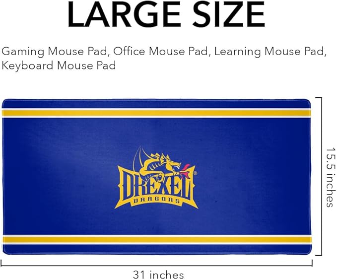 Drexel University Dragons Primary Logo Stripes Large Gaming Mouse Pad Desk Mat with Stitched Edges Non-Slip Base for Gamer Home and Office 31.5 x 15.7
