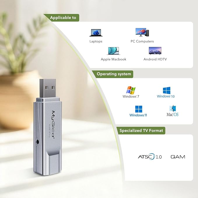 Mygica A681 Pro External TV Tuner Digital HDTV USB Stick Dongle ATSC 1.0 and QAM TV Format Compatible with MacBook and Windows PC - Silver