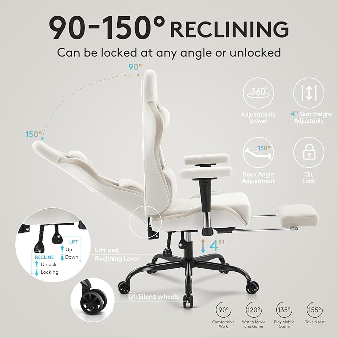 Gaming Chair Breathable FabricComputer Office Chair with FootrestMassage Lumbar Support and Gel PadErgonomic Reclining Gamer Chair with Adjustable Armrests and Spring Cushion Beige