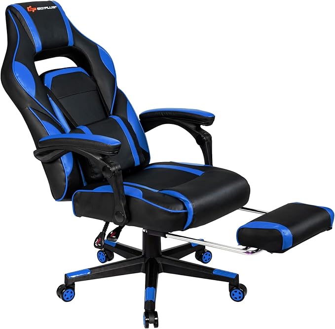 POWERSTONE Gaming Chair Adjustable High Back PU Computer Chair with Footrest Massage Lumbar Support Headrest Thick Armrest Rolling Swivel Desk Chair Navy Blue