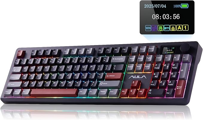 AULA F106 PRO Wireless Mechanical Keyboard 104 Keys Gaming Keyboard with Knob &amp Screen Tri-Mode RGB Hot Swappable Creamy Sounding Computer Keyboards for PC/Laptop/Windows - Black Red