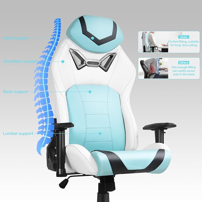 Modern-Depo Ergonomic Gaming Chairs for Adults with High-Density Memory Foam | Swivel Comfortable Office Chair Big and Tall Video Game Chair High Back Computer Chair for Home Office Cyan White