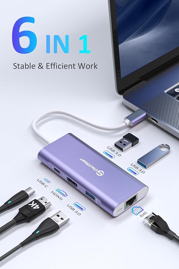 UtechSmart USB C Hub Ethernet Multiport Adapter 6 In 1 USB C to HDMI Dock Compatible for Macbook Pro/Air Chromebook Dell XPS HP and Type C Devices (Gigabit Ethernet 100W PD 4K HDMI USB 3.0) Purple